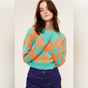 038. ARGYLE CHECKERED PRINT CROPPED KNIT SWEATER